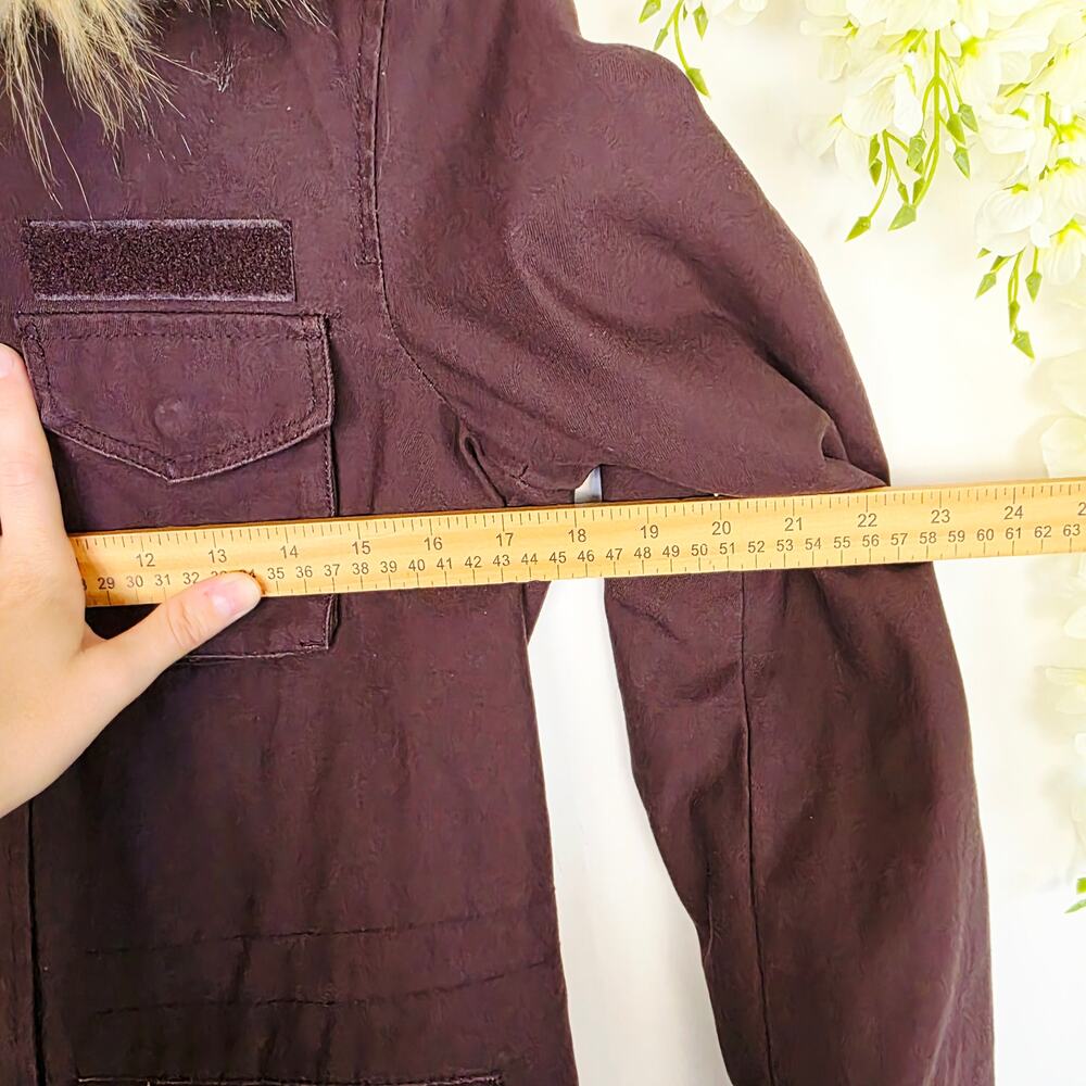 H&M Utility Coat Jacket Size 0 Burgundy Removeable Faux Fur Trim Anorak Military - Picture 11 of 12